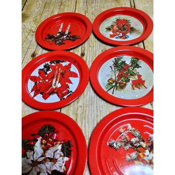 Vtg Christmas Metal Coaster Set of 6 Raindeer Holly Pionsettia (cb5) - Picture 3 of 6